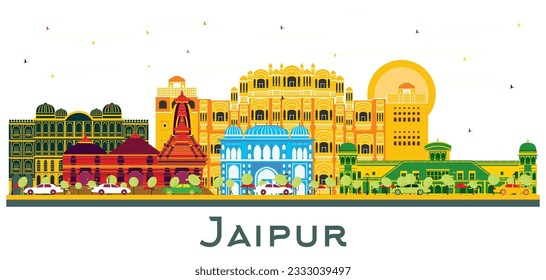 Jaipur India City Skyline with Color Buildings Isolated on White. Vector Illustration. Business Travel and Tourism Concept. Jaipur Cityscape with Landmarks.