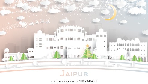 Jaipur India City Skyline in Paper Cut Style with Snowflakes, Moon and Neon Garland. Vector Illustration. Christmas and New Year Concept. Santa Claus on Sleigh.