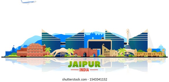 Jaipur India skyline at white background. Flat vector illustration. Business travel and tourism concept with modern buildings. Image for banner or web site.