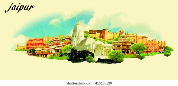 JAIPUR (India) vector panoramic water color illustration