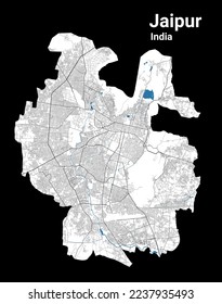 Jaipur map. Detailed map of Jaipur city administrative area. Cityscape panorama. Royalty free vector illustration. Road map with highways, rivers.