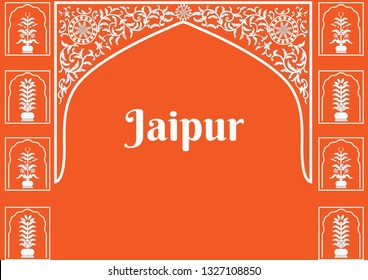 Jaipur old city's architectural art and entrance gate design. Wall art design in typical Rajasthani and Jaipur style.
The wall art design of the old Jaipur gate of The walled city.
