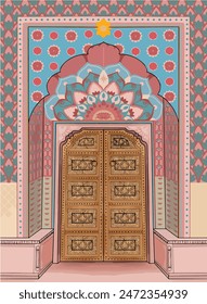 Die architektonische Kunst der Altstadt von Jaipur und das Design der Eingangstore. Wandkunstdesign im typischen Rajasthani und Jaipur Stil. Das Wandkunstdesign des alten Jaipur-Tors