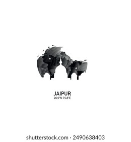 Jaipur panorama, vector badge, skyline logo and icon. India, Rajasthan state city horizon round logotype with landmarks and building silhouettes. Isolated foggy gradient graphic