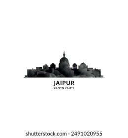 Jaipur panorama, vector badge, skyline logo and icon. India, Rajasthan state city horizon logotype with landmarks and building silhouettes. Isolated foggy gradient graphic