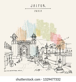 Jaipur, Rajasthan, India. Galta Gate. Heritage Site. Jaipur Is Part Of The Golden Triangle Touristic Route In India. Architectural Travel Sketch. Vintage Hand Drawn Touristic Postcard. Vector