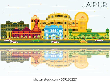 Jaipur Skyline with Color Buildings, Blue Sky and Reflections. Vector Illustration. Business Travel and Tourism Concept. Image for Presentation Banner Placard and Web Site.