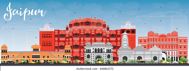 Jaipur Skyline with Color Landmarks and Blue Sky. Vector Illustration. Business Travel and Tourism Concept with Historic Buildings. Image for Presentation Banner Placard and Web Site.