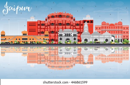 Jaipur Skyline with Color Landmarks, Blue Sky and Reflections. Vector Illustration. Business Travel and Tourism Concept with Historic Buildings. Image for Presentation Banner Placard and Web Site.