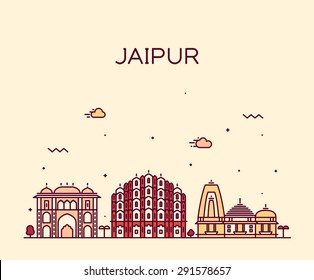 Jaipur skyline, detailed silhouette. Trendy vector illustration, linear style.