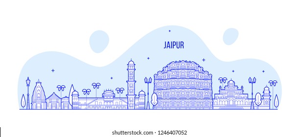 Jaipur skyline, Rajasthan, India. This illustration represents the city with its most notable buildings. Vector is fully editable, every object is holistic and movable