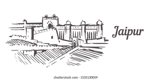 Jaipur skyline sketch. Jaipur hand drawn illustration isolated on white background.