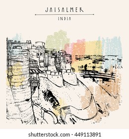 Jaisalmer fort and city, Rajasthan, India. Vintage touristic postcard, poster, book illustration or calendar template with hand drawing. Travel sketch. Vector illustration