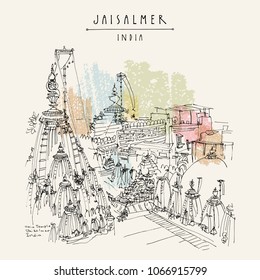 Jaisalmer, Rajasthan, India. Jain temple rooftop. Reliefs and flags. Travel sketch. Vintage hand drawn touristic postcard or poster. Vector illustration