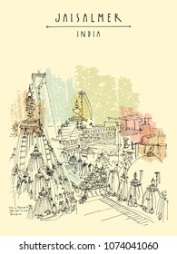 Jaisalmer, Rajasthan, India. Jain temple rooftop. Reliefs and flags. Travel sketch. Vintage hand drawn touristic postcard or poster. Vector illustration
