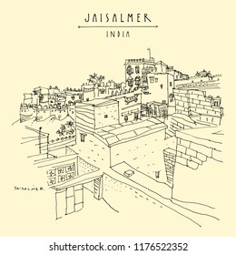 Jaisalmer, Rajasthan, India. Town and fort (Sonar Quila, The Golden Fortress) which stood on the ancient Silk road. Heritage site. Travel sketch. Vintage hand drawn touristic postcard. Vector