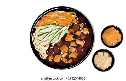 Jajangmyeon or jjajangmyeon  Chinese-style Korean noodle with thick sauce made from chunjang, vegetables and diced pork on white background with side dish. Isolated asian food vector illustration.