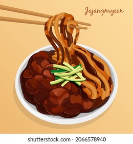 Jajangmyeon (Noodles with blackbean sauce) in black dish recipe illustration vector.