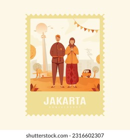 Jakarta anniversary flat design with couple wearing betawi culture clothes illustration