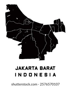 JAKARTA BARAT OR WEST JAKARTA, INDONESIA VECTOR MAP. MAP OF THE CAPITAL CITY OF INDONESIA, JAKARTA. IN BLACK. INCLUDING LAND AND RIVERS OR WATER.