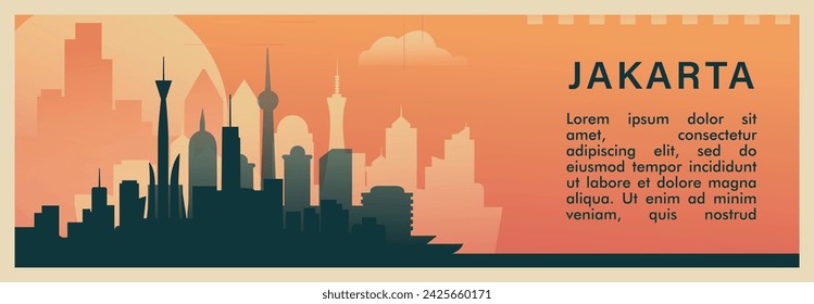 Jakarta city brutalism vector banner with skyline, cityscape. Indonesia capital retro horizontal illustration, travel layout for web presentation, header, footer