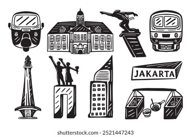 jakarta city object in doodle style, jakarta city, doodle art