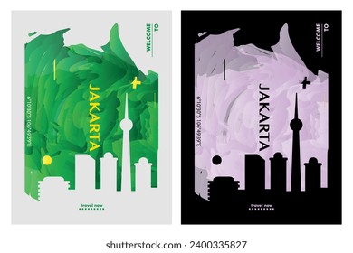 Jakarta city poster pack with abstract skyline, cityscape, landmark and attraction. Indonesia travel vector illustration layout set for vertical brochure, website, flyer, presentation