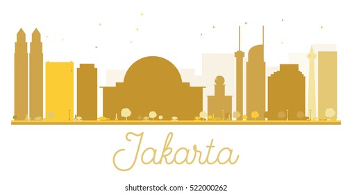 Jakarta City skyline golden silhouette. Vector illustration. Simple flat concept for tourism presentation, banner, placard or web site. Business travel concept. Cityscape with landmarks