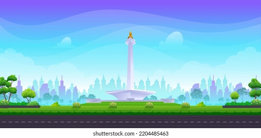 Jakarta city skyline with monas national monument, beautiful city park and skyscraper buildings vector illustration