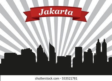 Jakarta city skyline with rays background and ribbon