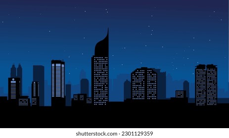 Jakarta city skyline silhouette with stars on a moonlit night. This vector shows modern skyscrapers, landmarks and urban infrastructure.
