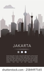 Jakarta city template for website, presentation, front page, invitation, publication sheet with skyline, landmarks. Vector Indonesia image layout, simple and grayscale
