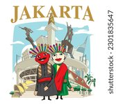 Jakarta city vector illustration with traditional carnival clowns named ondel-ondel.