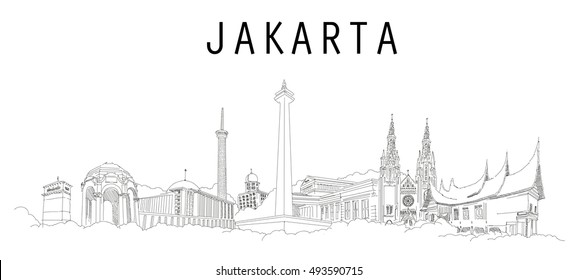 JAKARTA city vector panoramic hand drawing illustration