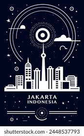 Jakarta city vintage poster with abstract cityscape and skyline. Chalkboard vector black and white illustration for Indonesia capital, vertical graphic