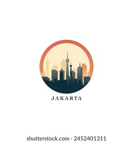 Jakarta cityscape, gradient vector badge, flat skyline logo, icon. Indonesia city round emblem idea with landmarks and building silhouettes. Isolated graphic