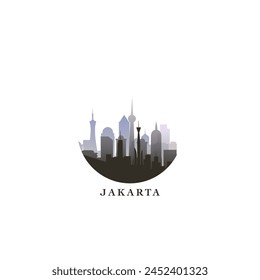 Jakarta cityscape, gradient vector badge, flat skyline logo, icon. Indonesia city round emblem idea with landmarks and building silhouettes. Isolated graphic