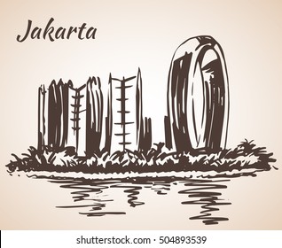 Jakarta cityscape sketch. Isolated on white background