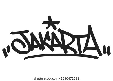 Jakarta graffiti tag in bold black lettering on white background. Clean urban style, perfect for vibrant Indonesian city culture, street vibes, and creative street art projects.