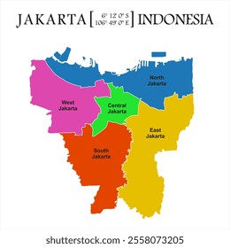 Jakarta illustration map vector with every cities in color and white boundary lines, Indonesia