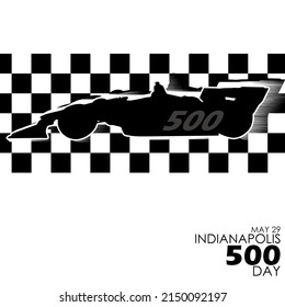 Jakarta, Indonesia - April 27, 2022: Racing car icon with racing flag behind it with bold texts on white background Indianapolis 500 May 29