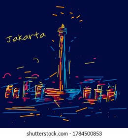 Jakarta (Indonesia) city line pop art potrait logo colorful design with dark background. Abstract vector illustration. Isolated black background for t-shirt, poster, clothing, merch.