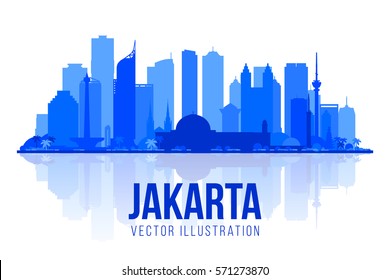 Jakarta (Indonesia) city silhouette skyline on a white background. Flat vector illustration. Business travel and tourism concept with modern buildings. Image for banner or web site.