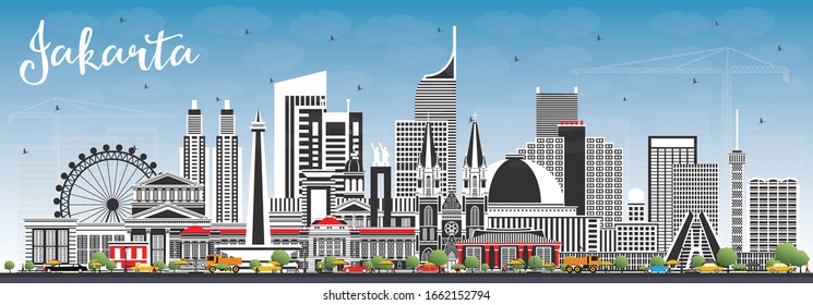 Jakarta Indonesia City Skyline with Gray Buildings and Blue Sky. Vector Illustration. Business Travel and Tourism Concept with Historic and Modern Architecture. Jakarta Cityscape with Landmarks.