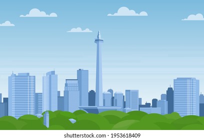 Jakarta (Indonesia) city skyline on a sky background. Flat vector illustration. Business travel and tourism concept with modern buildings. Image for banner or web site