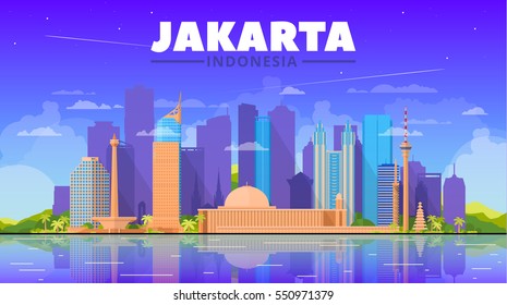 Jakarta (Indonesia) city skyline on a sky background. Flat vector illustration. Business travel and tourism concept with modern buildings. Image for banner or web site.