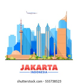 Jakarta (Indonesia) city skyline on a white background. Flat vector illustration. Business travel and tourism concept with modern buildings. Image for banner or web site.