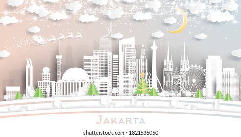 Jakarta Indonesia City Skyline in Paper Cut Style with Snowflakes, Moon and Neon Garland. Vector Illustration. Christmas and New Year Concept. Santa Claus on Sleigh.
