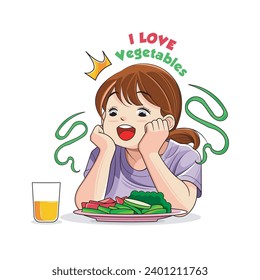 Jakarta Indonesia, December 15, 2023
:Healthy food. Cute little girls love vegetables. Vector illustration