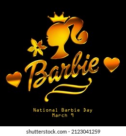 Yakarta, Indonesia - 11 de febrero de 2022: Logo de la línea dorada de arte escritura de barbie y silueta de muñecas de chicas usando corona reina y corazón dorado, Día Nacional de la Barbie 9 de marzo